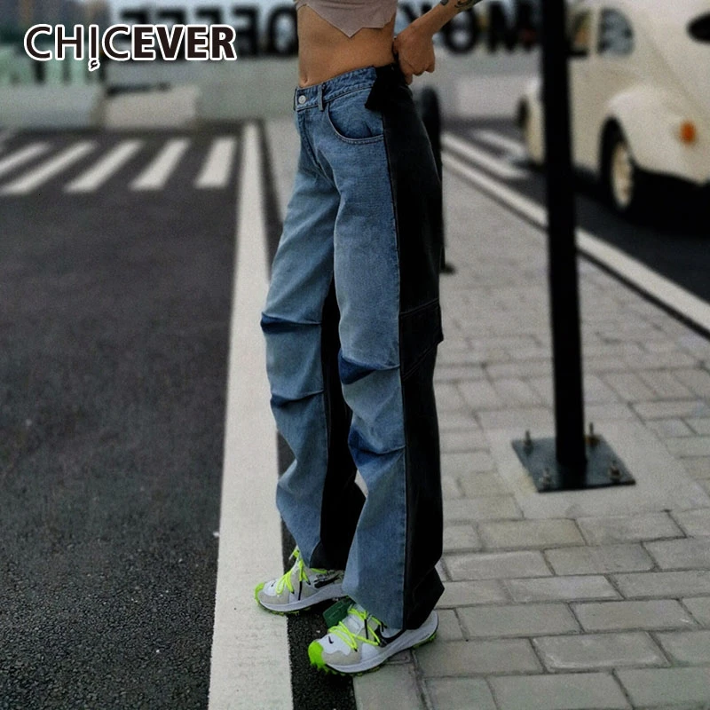 

CHICEVER Patchwork Hit Color Denim Women's Pants High Waist Pocket Large Size Wide Leg Jeans Female 2019 Autumn Fashion New