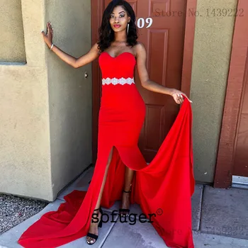 

Red Girl Satin Sweetheart Strapless Beads Sash Evening Dresses Prom Long High Slit Arabic Special Occasion Robe De Soiree Plus
