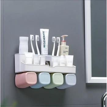 

Creative Toothbrush Shelf Toiletry Storage Rack With Mouthwash Cup Multi-divided Storage Free Punching Bathroom Accessories
