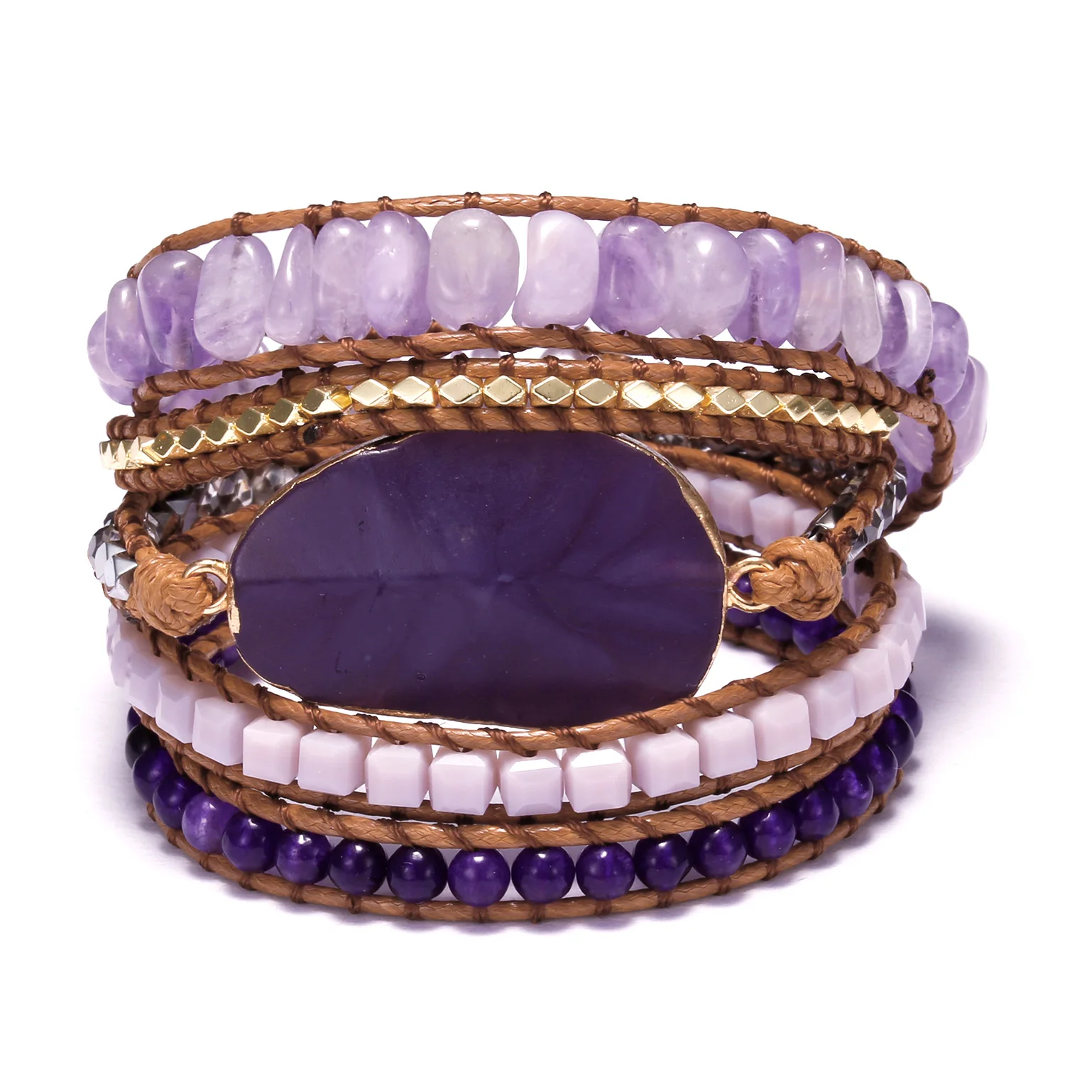 

Rhinoo 5 Strands Wrap Bracelets Boho Jewelry Handmade Natural Stone Purple Quartz Druzy Charm Leather Bracelet Women Female Gift