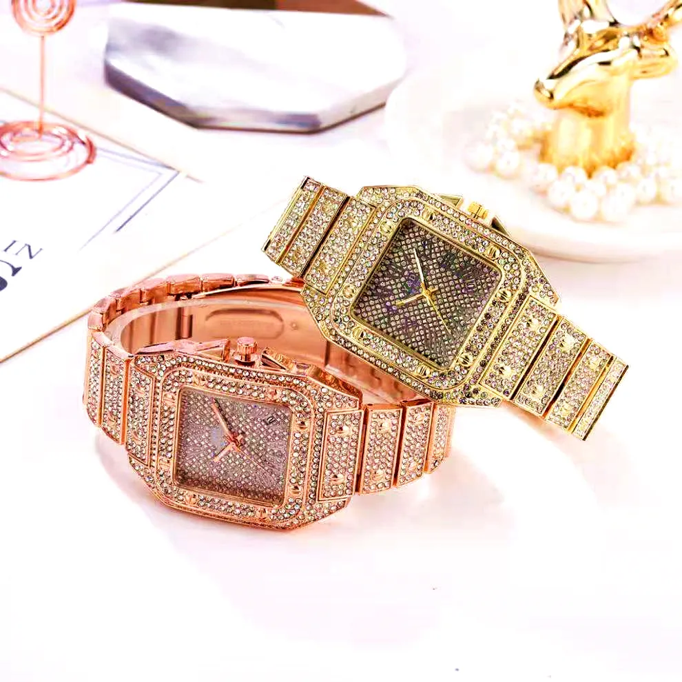 Watches for Men Women Luxury Hip Hop Iced Out Watch Gold Rhinestone Quartz Square Wristwatch Relogio Masculino Groomsmen Reloj