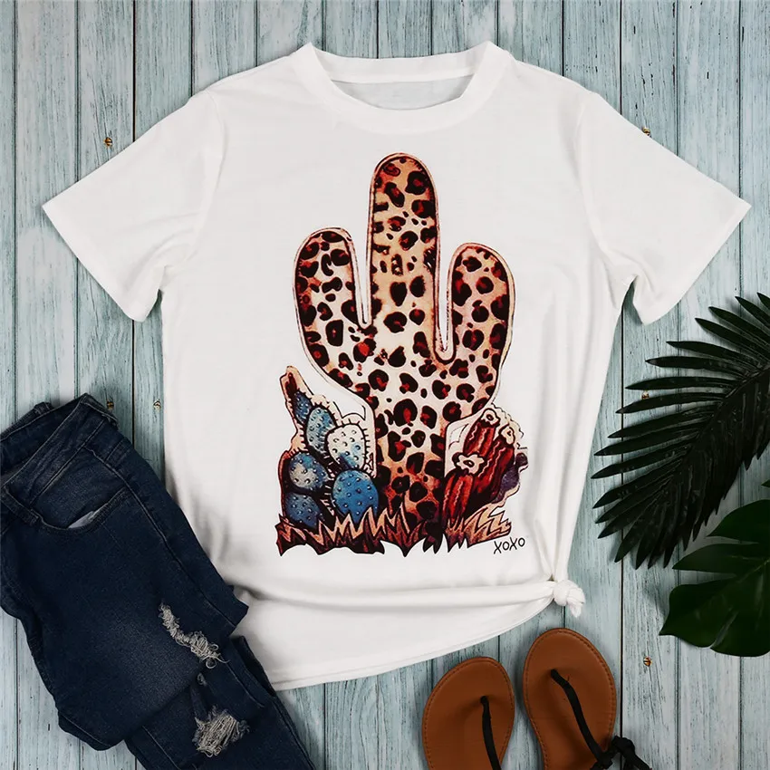 Леопардовая Футболка с принтом кактуса Женская белая футболка топы футболки модные футболки с коротким рукавом женская одежда camiseta mujer