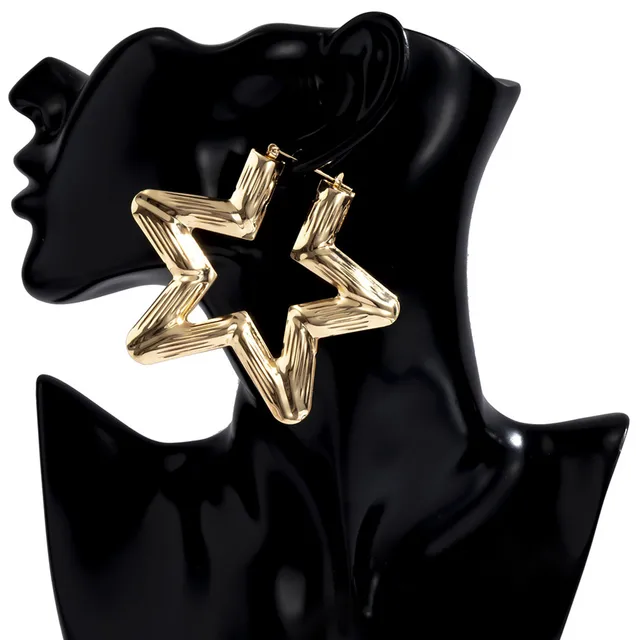 KunJoe 2021 New Punk Gold Color Big Star Hoop Earrings for Women Exaggerated Metal Geometric Earrings For Women Party Jewelry gold