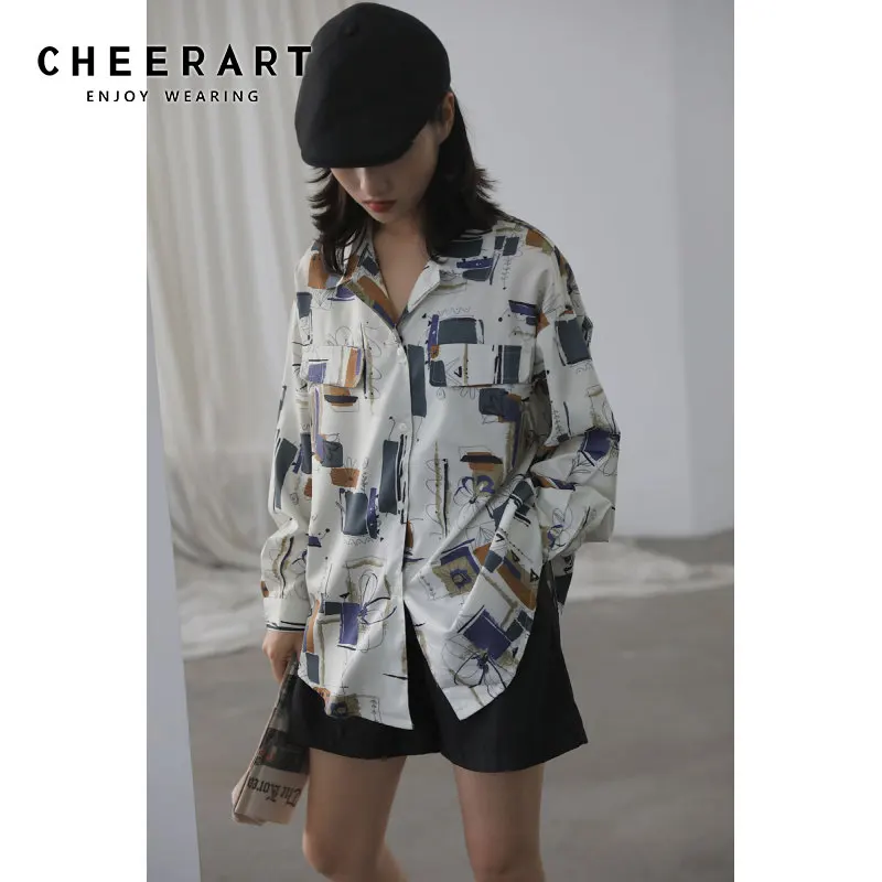 Женский винтажный Топ с длинным рукавом CHEERART белая блузка принтом и воротником