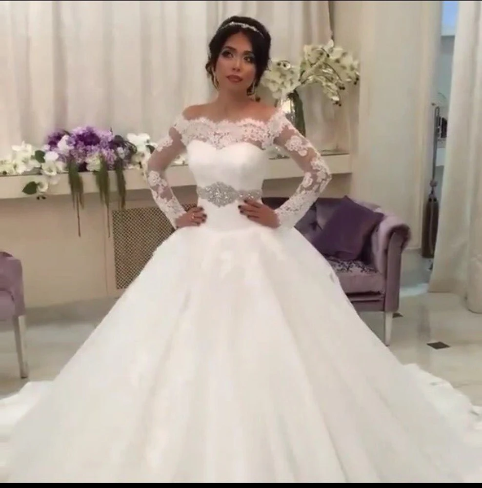 Saudi Arabia Robe de mariage роскошное кружевное бальное платье невесты с длинным рукавом пояс с кристаллами размера плюс платья для матери невесты