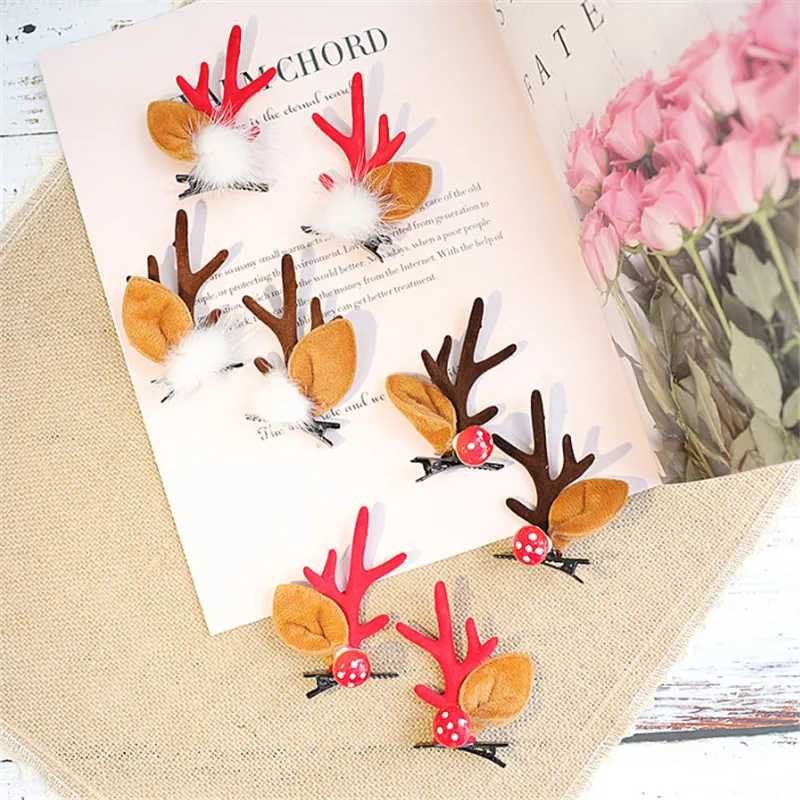 10pair/lot Fashion Christmas Cute Hair Clips Deer Antlers Mushroom Faux Fur Ball Girls Children Hairpins Hair Accessories