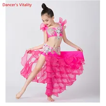 Профессиональные юбки для танца живота для девочек, наряд, костюм для танца живота, топ, танцевальные костюмы, одежда, ярко-розовый, красный, сказочный комплект из 2 предметов