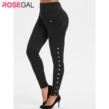 

ROSEGAL High Waisted Leggings Women Pocket Snap Button Side Leggings Autumn Elastic Waist Active Wear Ladies Skinny Leggings