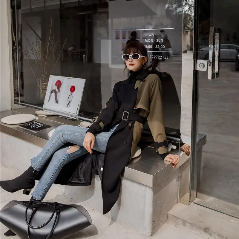 Women Hit Color Patchwork Belt Pocket Notched Windbreaker Fashion Female Korean Loose Autumn Coat Long Trench Coat