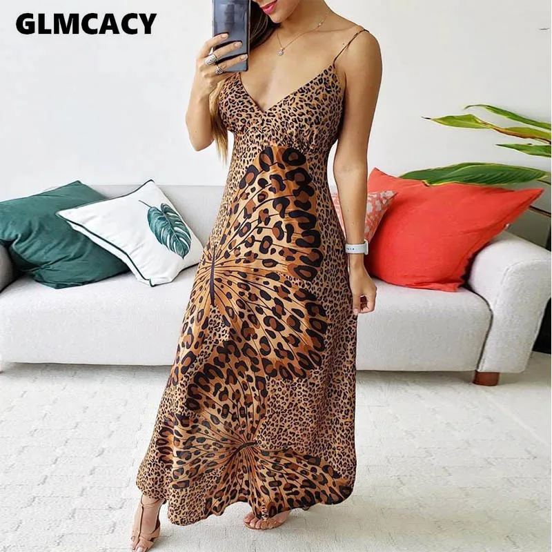 Comprar Mujeres Sexy cuello pico leopardo Spaghetti Strap A line vestido verano Casual estampado delgado sin mangas tobillo longitud vestido noche Club vestido