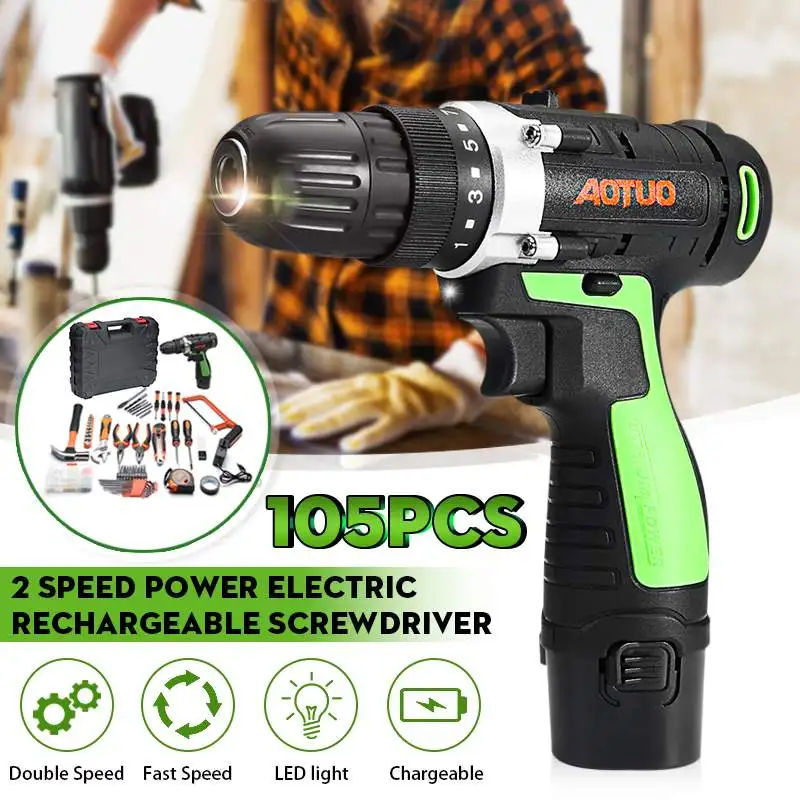 1 Set Single/Double Speed 12V Electric Screwdriver Cordless Drill Driver Power-Tool 15+1 Gear Electric Drill Driver-Power Tool
