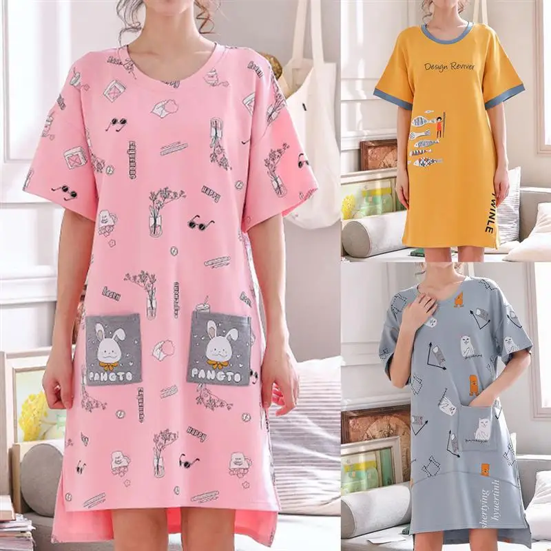 Новые милые женские летние хлопковые пижамы модные удобные мягкие с коротким рукавом с круглым воротом с принтом короткое платье для сна лучший подарок