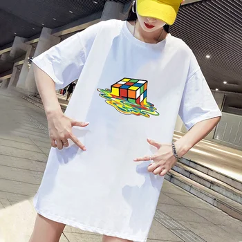 

2020 Summer Women Dress Print Rubik's Cube Casual Loose Short Sleeeve Mini Plus Size Dresses Female Streetwear Black White 4XL