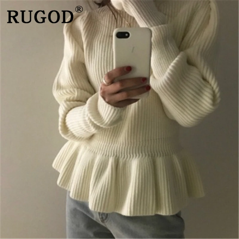 RUGOD Korean chic white sweater women elegant Ruffles puff sleeve slim knitted pullovers Fashion office ladies Winter knitwear | Женская