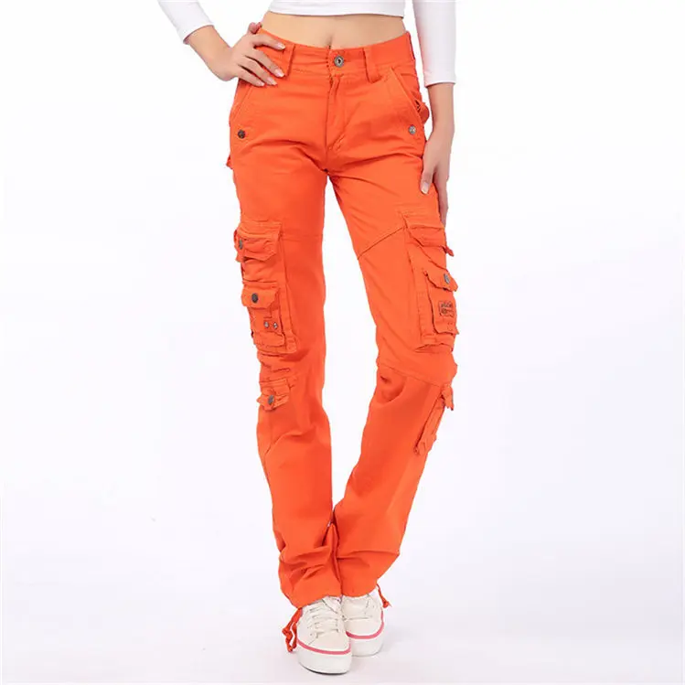 Брюки Карго Для женщин военные мотоциклетные джоггеры женские с высокой талией для отдыха мото брюки корейский стиль больше карманов женские брюки - Цвет: orange