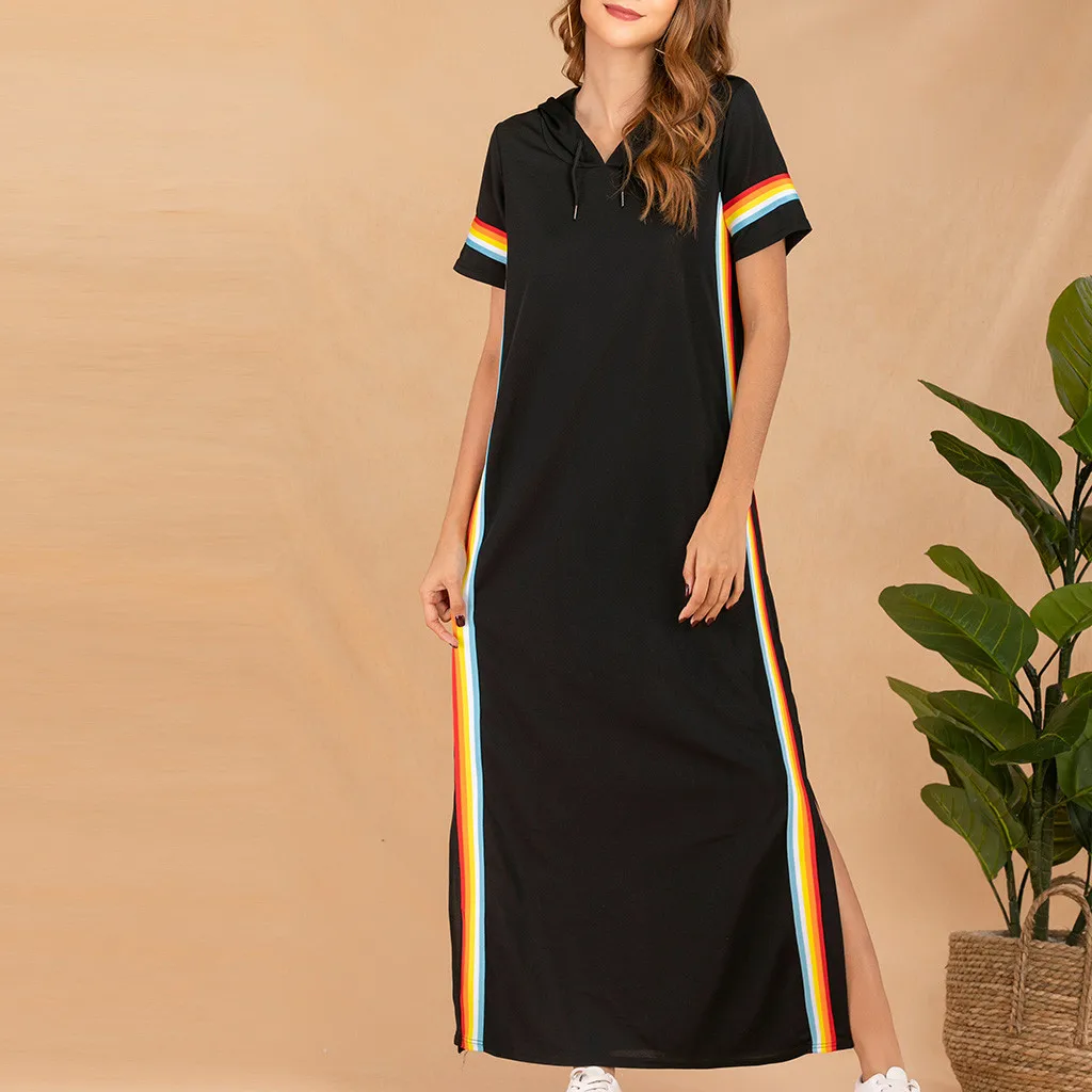 

Feitong Loose A-Line Womens Dresses V-Neck Office Ladies Striped Bodycon Sundress Short Sleeve Hooded Long Maxi Summer Sukienka
