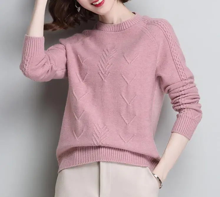 Soft Cozy Cashmere Cotton Blend Embossing Pullover Sweater Autumn Winter Women Clothes Basic Jumper Pull Femme Pink Sweater