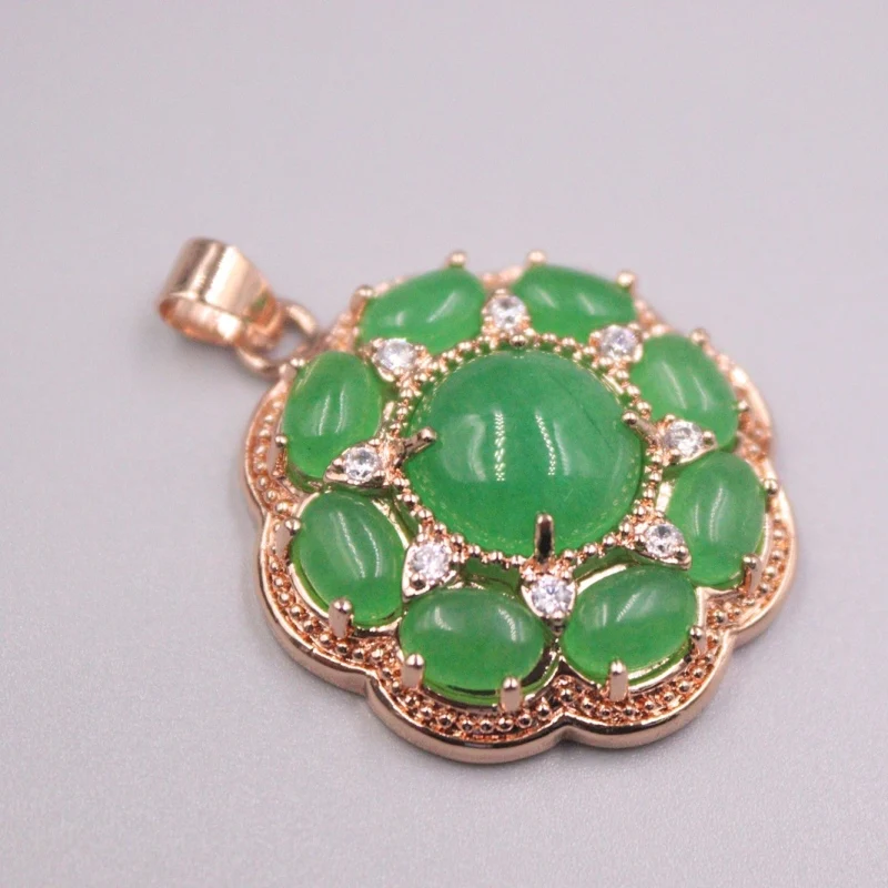 New 18K GP With Green Chalcedony Pendant Round Zircon Pendant  Best Gift 35x28mm