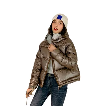 

FORERUN Bubble Jacket Women Glossy Silver Hooded Puffer Coat Casual Winter Jackets Cotton Padded Parka Manteau Femme Mujer 2019