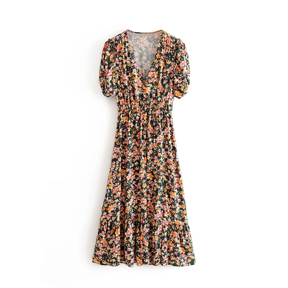 

New Autumn Open-fork Design Flower Printed V-collar Short Sleeve Mid-long Dress with High Waist and Knee