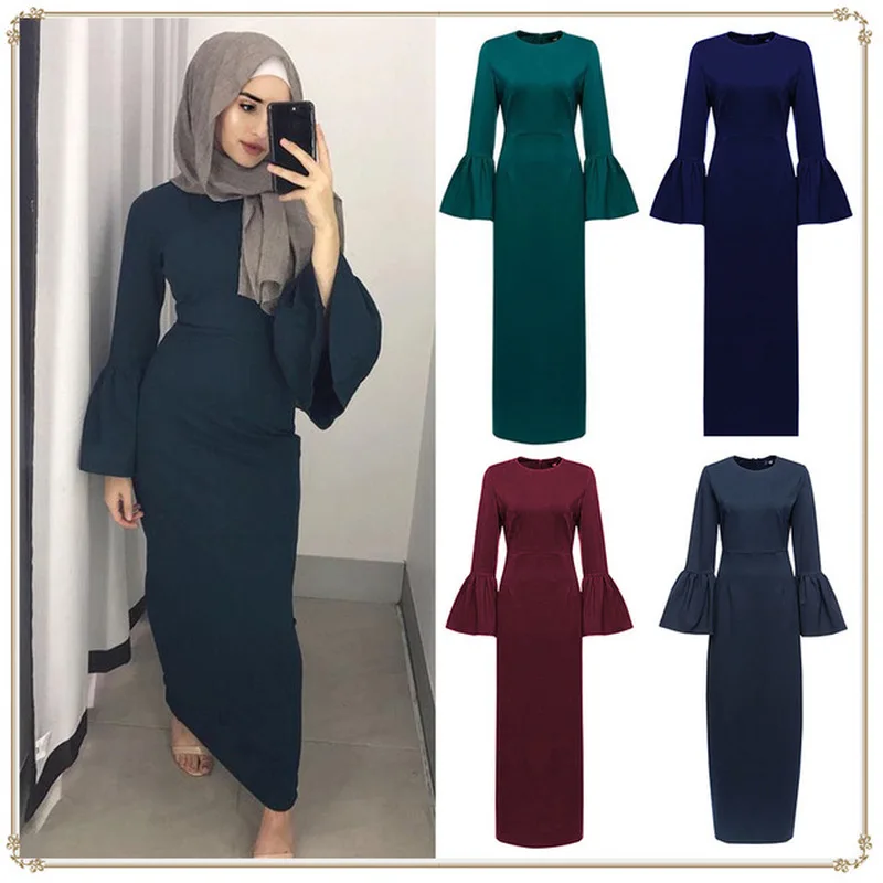 

Winter Dresses Women 2019 Stylish Simple Solid Color Trumpet Sleeve Dress Long Sleeve O-neck Women Clothes Boho Style Long Dress