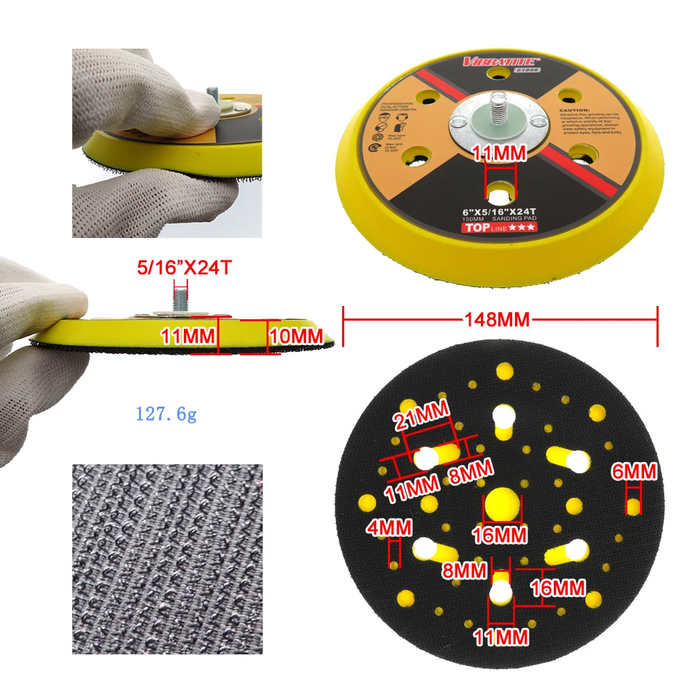 6 Inch 42 Hole Backing Sanding Pad 150mm Hook & Loop with 5/16"x24 Thread Dust Free Sanding Disc Grinder Power Tools Accessories