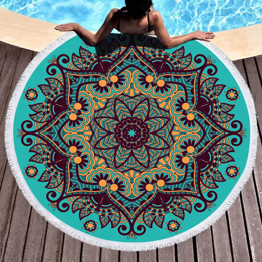 1pcsMandala Geometric Round Beach Towel Tassels Bohemia Microfiber Bath Shower Towel For Adults Picnic Yoga Mat Blanket Cover Up