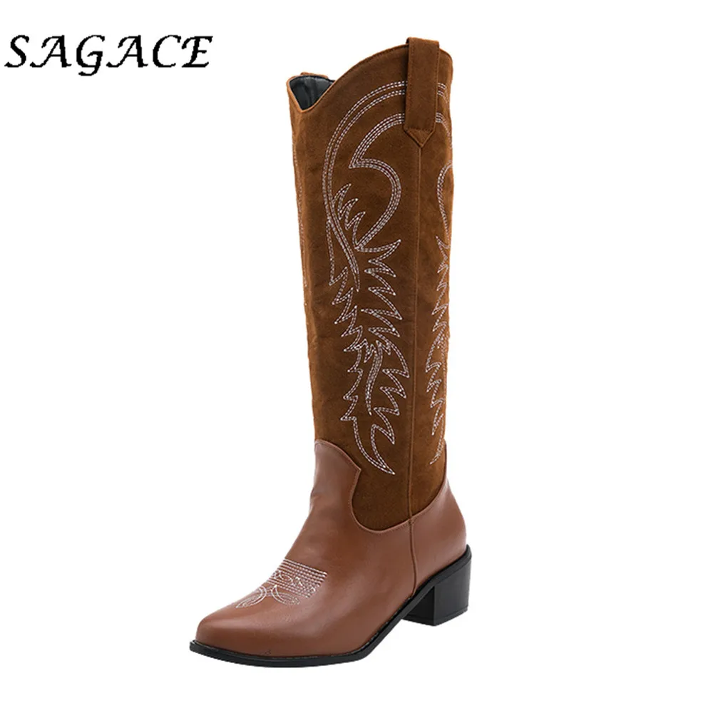 SAGACE Shoes ladies High Leg boots plus size Embroidered women square heels Slip-On vintage boots women platform boots