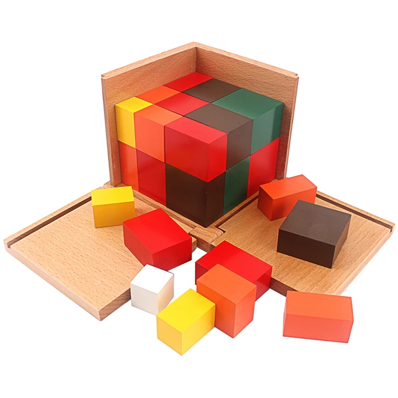 Montessori Materials Wooden Toys Colorful Trinomial Cubes Box Three Wooden Cubes Eighteen Square Based Prisms Student Teaching