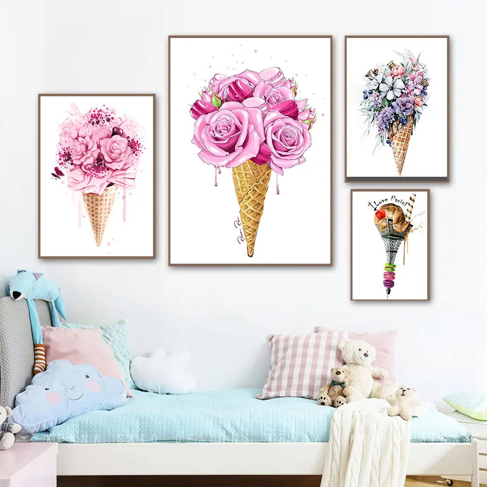 Я люблю Париж плакат и печатная графика сладкое мороженое живопись на стене для домашнего декора розовый цветок украшение картина металлическая рамка