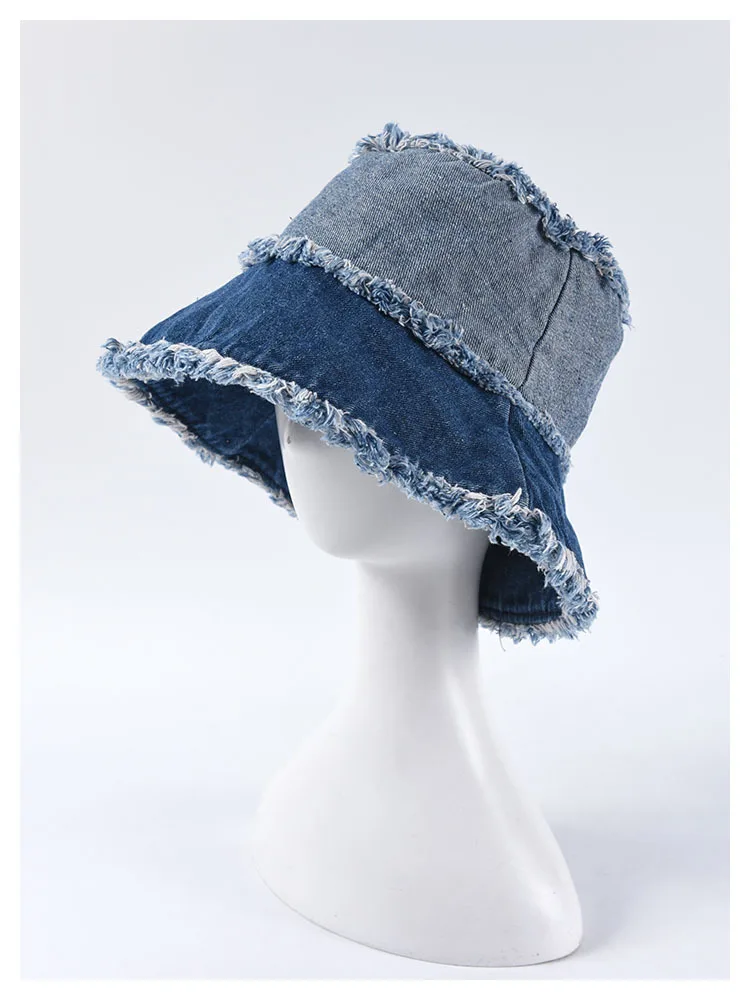 New Unisex Casual Washed Denim Tassel Bucket Hats Fashion Patchwork Fisherman hats Couple UV Sun Cap Wholesale