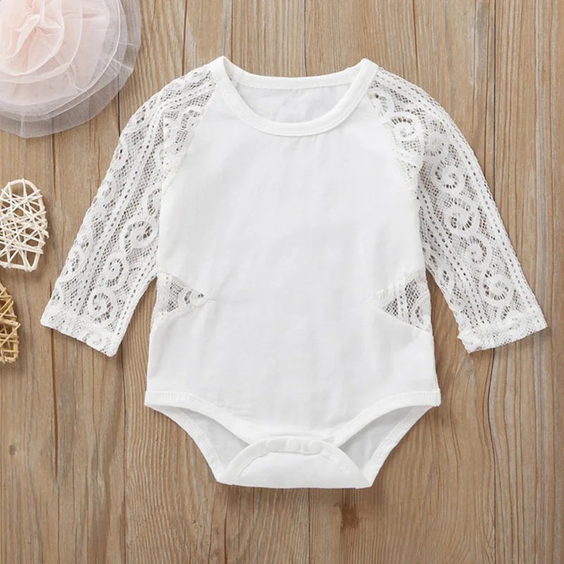 

New Baby Onesies Spring Autumn Girls Clothes Bodysuit Lace Stitching Long-sleeved Triangle Romper