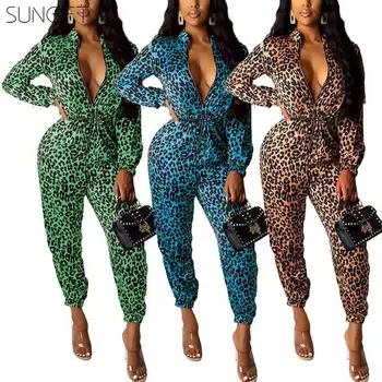 

SUNGIFT African Women Clothing Dashiki Deep Zip-up Neckline Long Sleeve Sexy Bodysuits Leopard Print Playsuit 2019 Autumn Suit
