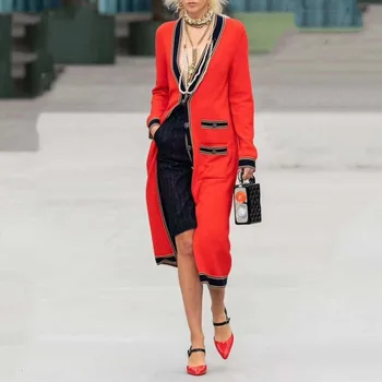 

XUXI 2020 New Women Long Cardigan Designer V Neck Single Breasted Red Cardigan Oversized Sweater Knitted Coat Outerwear FZ0334