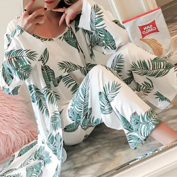 

3 Piece Spring Summer Women Pajamas Sets Floral Printed Pajamas Set Top and pants Female Night Suit Set Women Sleepwear