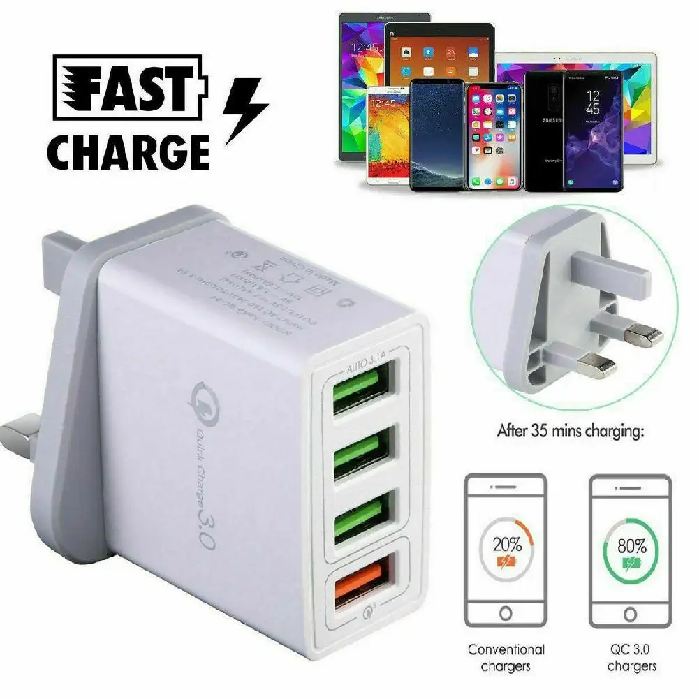

Kuulee 4 Multi-Port Fast Quick Charge QC 3.0 USB Hub Wall Charger Adapter UK Plug