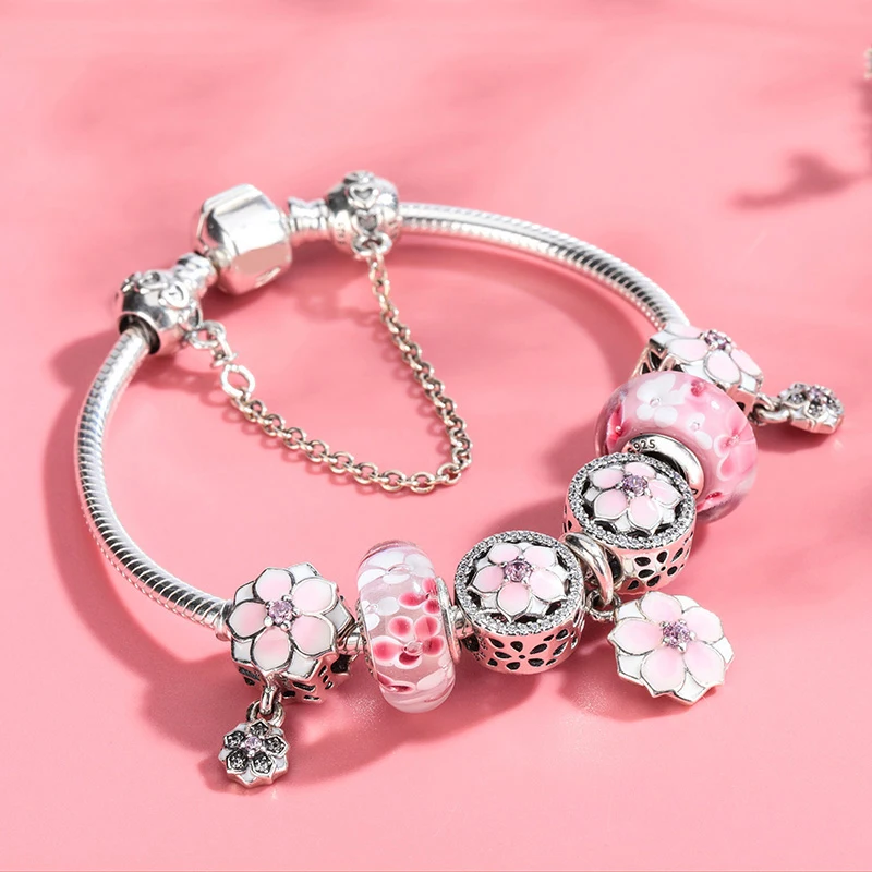 

Fashion Charms Silver 925 Original Copy 1:1, DIY Female Magnolia Crystal Bead Bracelet Jewelry Gift