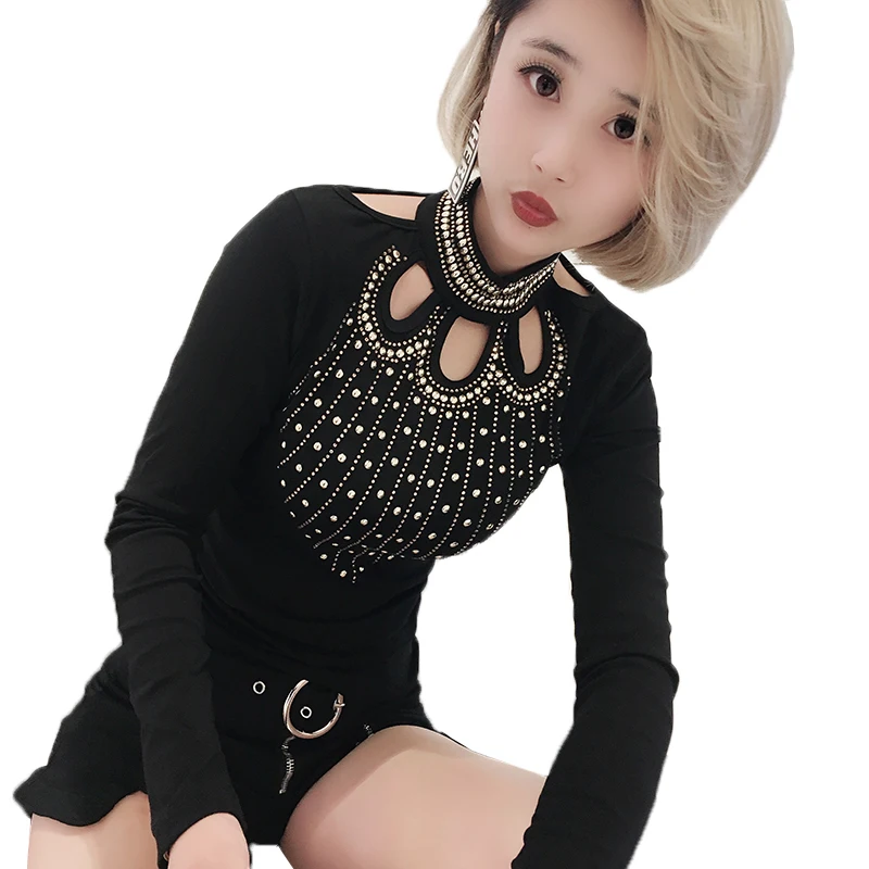 Black tshirt Европейская мода, сексуальная открытая футболка в алмазах, новинка, Осень-зима, Женский хлопковый топ с длинным рукавом, Camiseta Mujer T90305 - Цвет: Black tshirt
