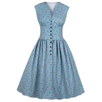 

2019 Women Summer Vintage Dress Floral Print V Neck Sleeveless Pin Up Vestidos Button Fly Party Rockabilly Retro Dress