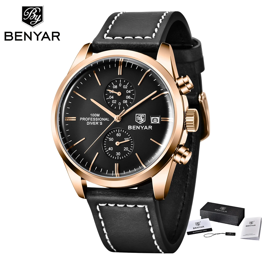 2022 New BENYAR Leather Men Quartz Wristwatches Luxury Brand 100M Waterproof Men Watch Military Sports Chronograph Watch for Men 
