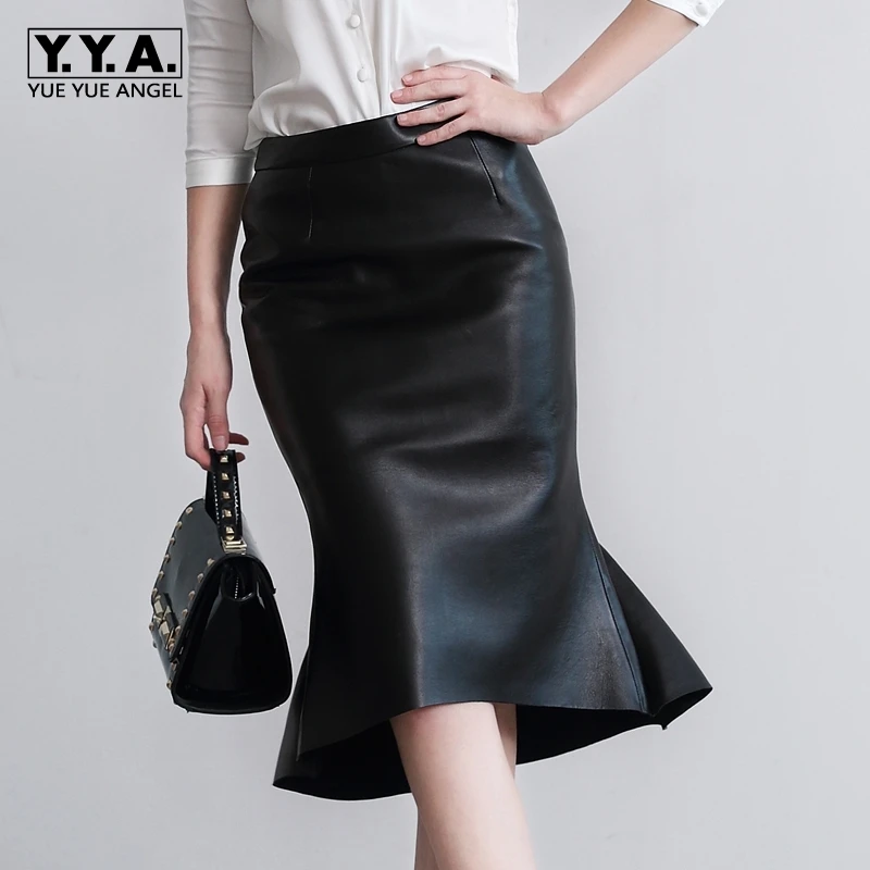 2020 Nieuwe Mode Sexy Ol Stijl Formele Ruches Trompet Knie Lengte Lederen Vrouwen Vrouwelijke Rokken Schapenvacht Zwart Plus Size 2020 Nieuwe Mode Sexy Ol Stijl Formele Ruches Trompet Knie Lengte Lederen Vrouwen Vrouwelijke Rokken Schapenvacht Zwart Plus Size