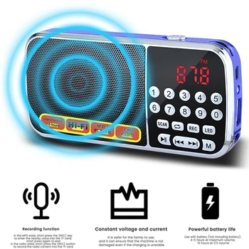 

Portable FM Radio Mini Reciver with LED Display Flashlight Support U Disk TF Card AUX Recording Loop Music Player