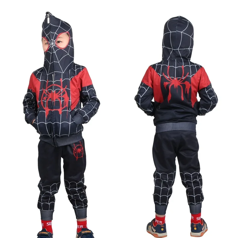 

Kids Spider-Man Into the Spider-Verse Miles Morales Cosplay Costume Zentai Spiderman Pattern Hooded coat Sweatshirt + Pants Set