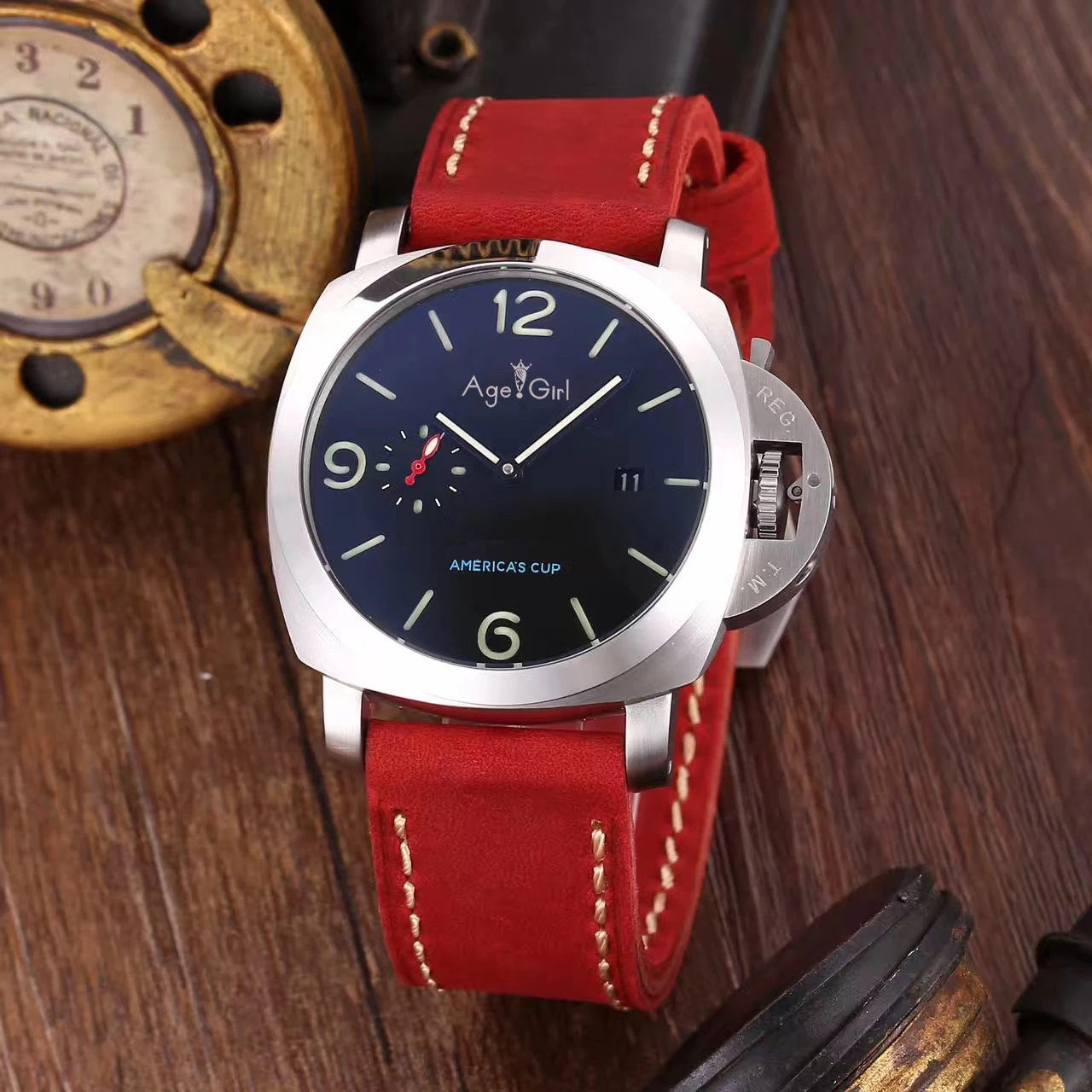 Red Leather Роскошные Брендовые мужские автоматические механические сапфировые часы из нержавеющей стали, серебристые, черные, серые, синие, американские часы с чашкой, светящаяся кожа, резина - Цвет: Red Leather