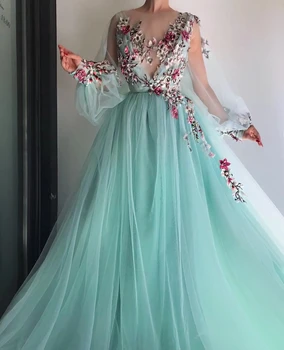 

Long Sleeves Muslim Evening Dresses 2019 A-line Tulle Embroidery Pearls Islamic Dubai Saudi Arabia Long Evening Gown Prom