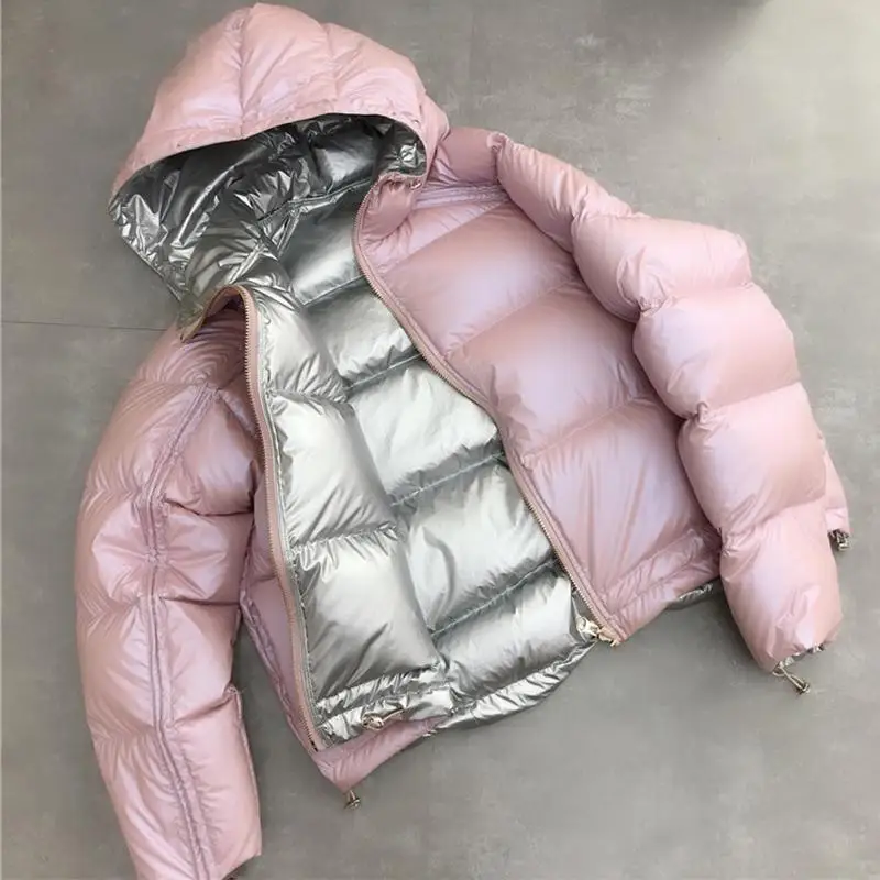 FTLZZ, новинка, золотой, серебряный, Двухсторонний пуховик, пальто, зимняя куртка, для женщин, большой мех, белый утиный пух, парки, женский пуховик, верхняя одежда - Цвет: Розовый