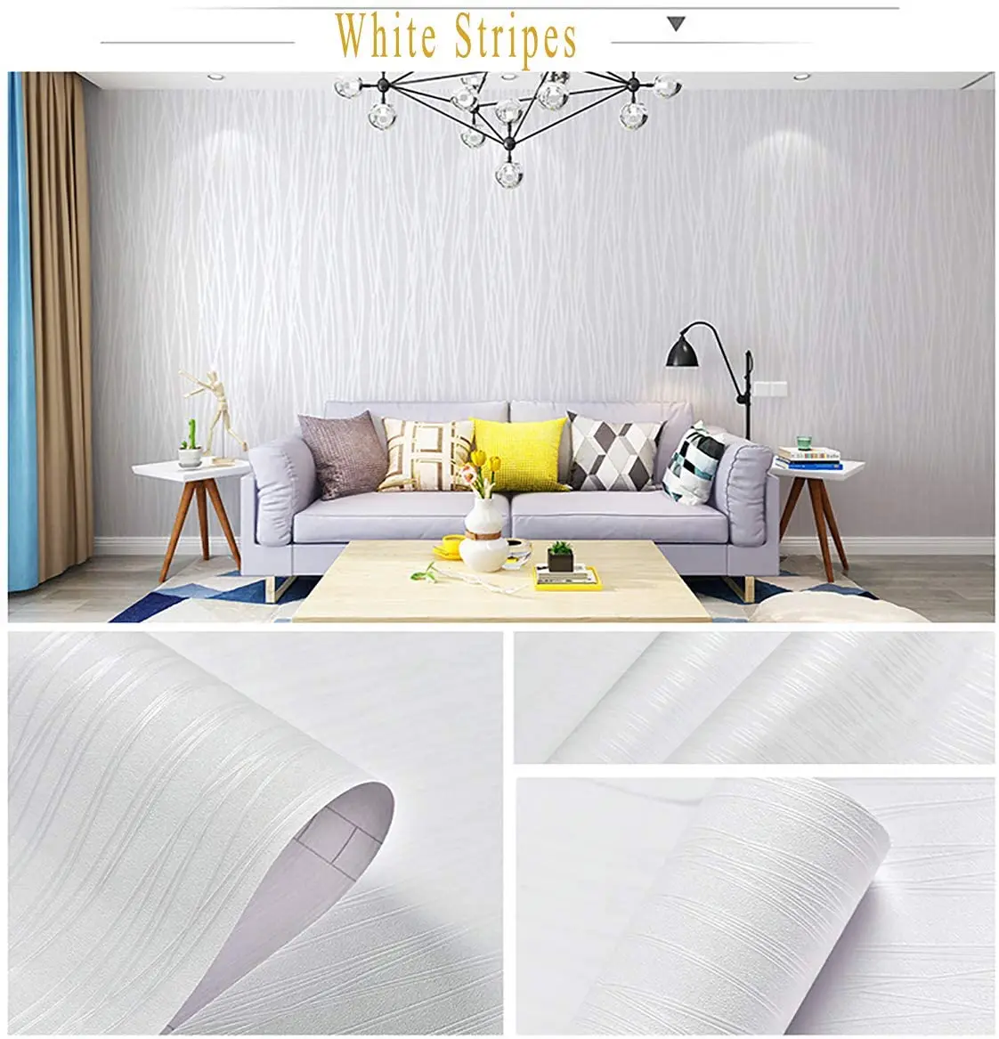 흰색 줄무늬 껍질과 스틱 벽지 흰색 단색 종이 줄무늬, 자체 접착 벽지 이동식 방수 장식