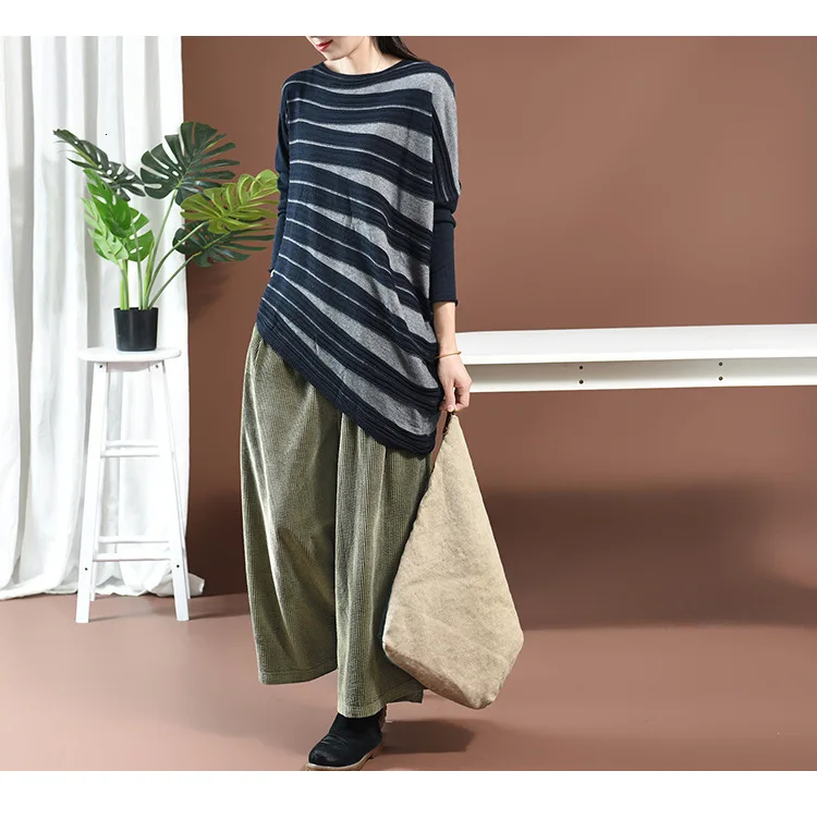 SuperAen Осенние новые полосатые трикотажные футболки для женщин, модные повседневные женские футболки с длинным рукавом и круглым воротником, женские топы