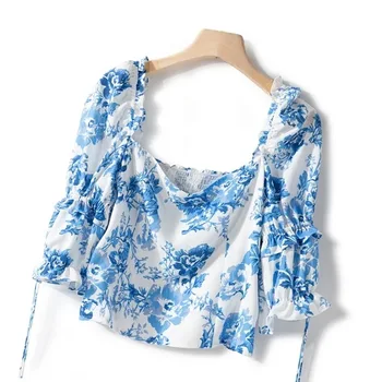 

Summer Shirt Women 2020 New Ruffles Square Collar Cuff Lace-up Print Blouse Short Style Female Top