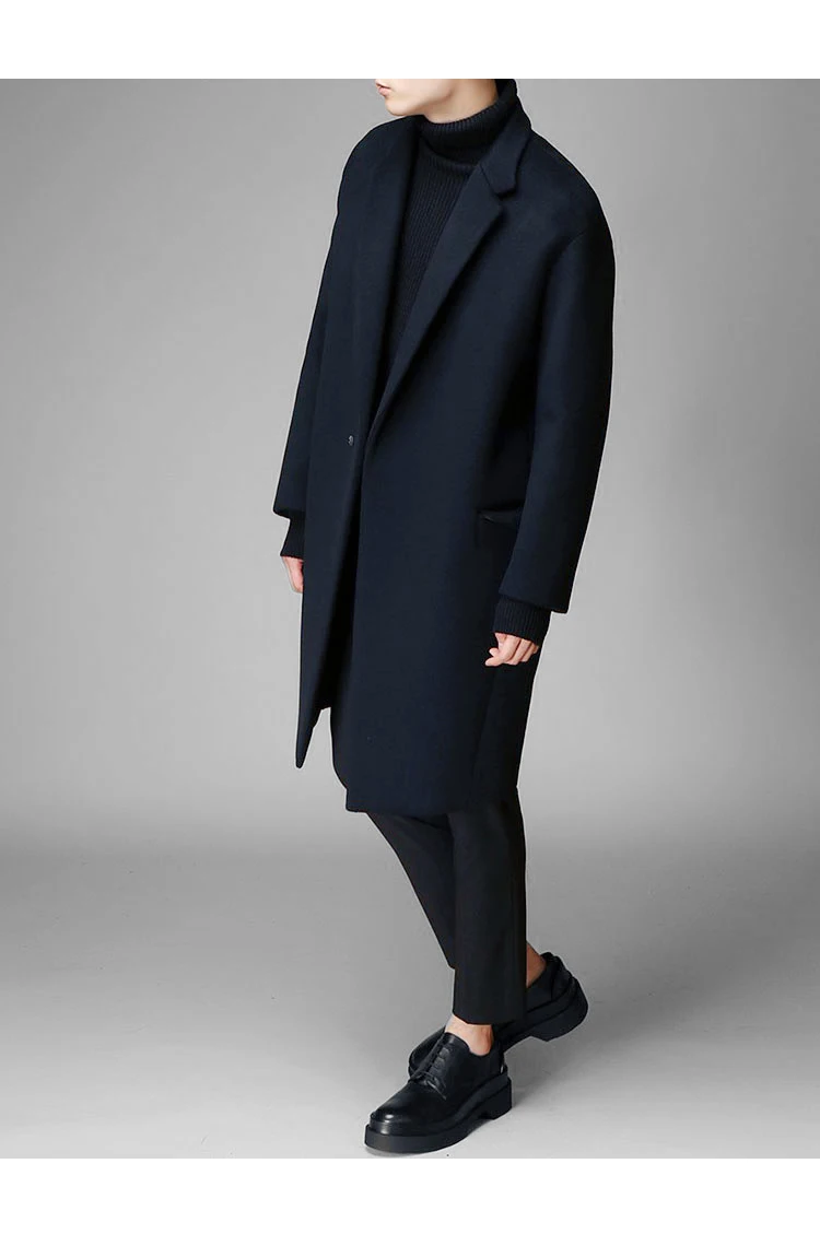 Winter pure color loose in the long woolen coat men's Korean version thickened windbreaker trend coat